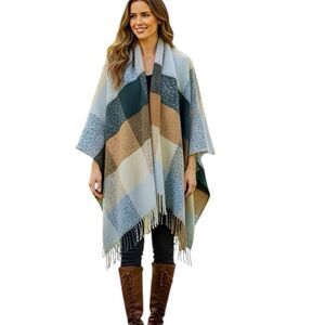 Moss Rose One Sz Blanket Shawl Fall Autumn Fringe Poncho Kimono Ruana Open front